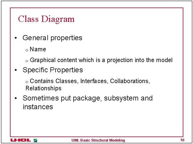 Class Diagram • General properties m Name m Graphical content which is a projection