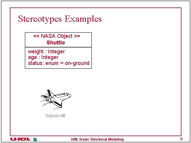 Stereotypes Examples << NASA Object >> Shuttle weight : Integer age : Integer status: Stereotypes Examples << NASA Object >> Shuttle weight : Integer age : Integer status: