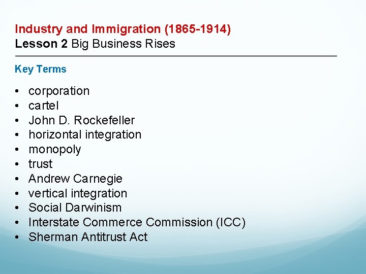 Industry and Immigration (1865 -1914) Lesson 2 Big Business Rises Key Terms • •