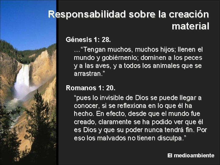 Responsabilidad sobre la creación material Génesis 1: 28. …“Tengan muchos, muchos hijos; llenen el