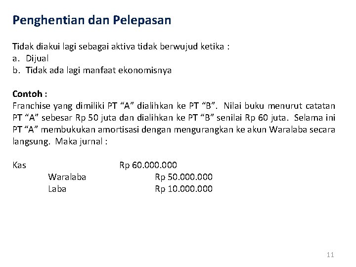 Penghentian dan Pelepasan Tidak diakui lagi sebagai aktiva tidak berwujud ketika : a. Dijual