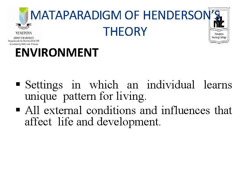 MATAPARADIGM OF HENDERSON’S THEORY ENVIRONMENT Settings in which an individual learns unique pattern for
