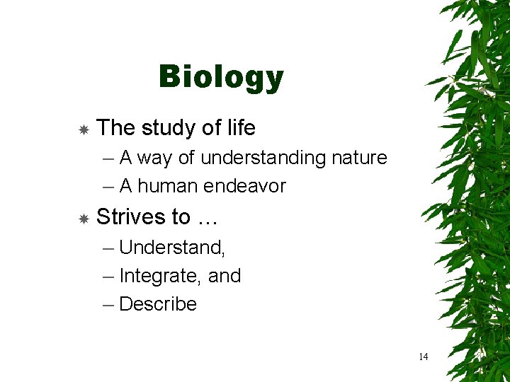Biology The study of life – A way of understanding nature – A human