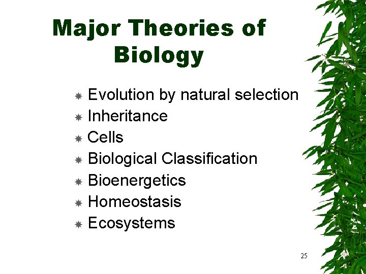 Major Theories of Biology Evolution by natural selection Inheritance Cells Biological Classification Bioenergetics Homeostasis