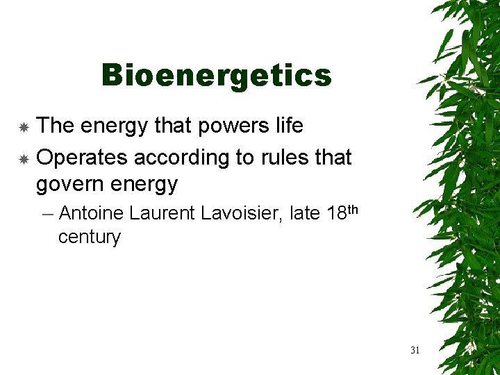 Bioenergetics The energy that powers life Operates according to rules that govern energy –