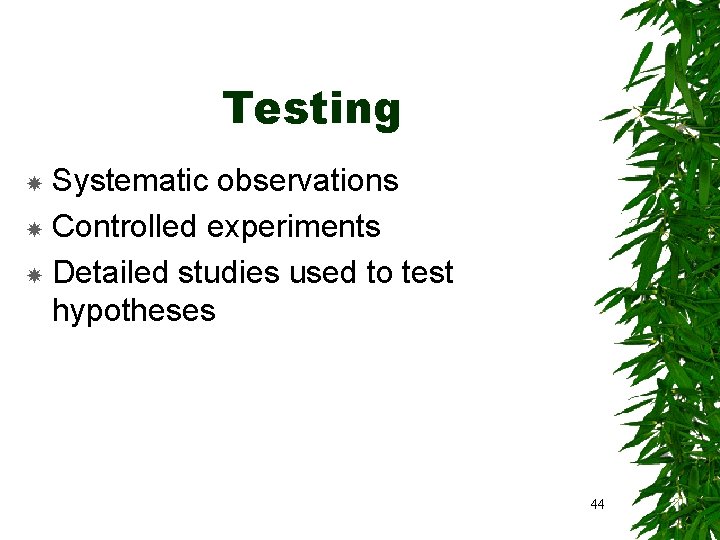 Testing Systematic observations Controlled experiments Detailed studies used to test hypotheses 44 