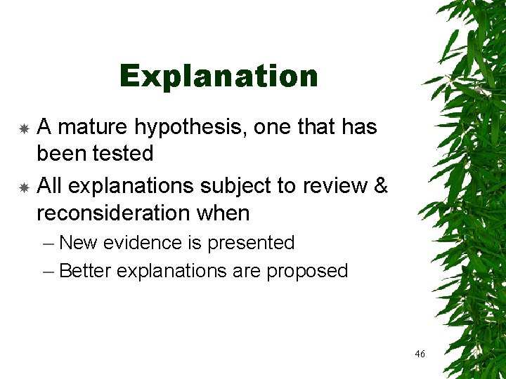 Explanation A mature hypothesis, one that has been tested All explanations subject to review