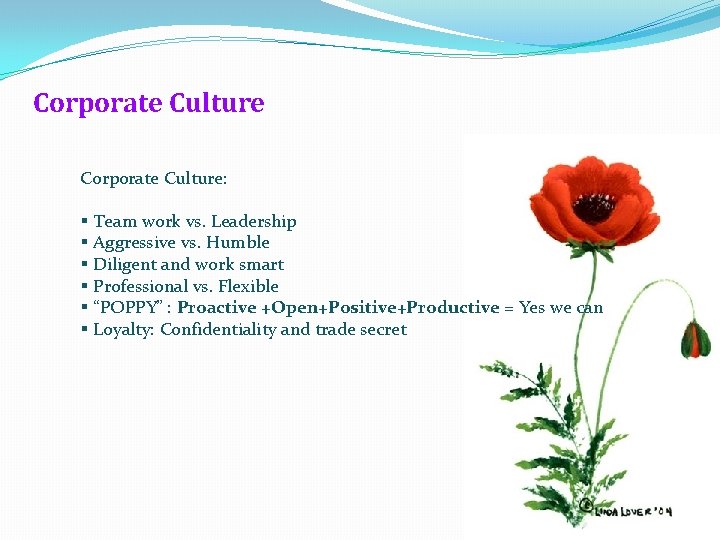 Corporate Culture: § Team work vs. Leadership § Aggressive vs. Humble § Diligent and