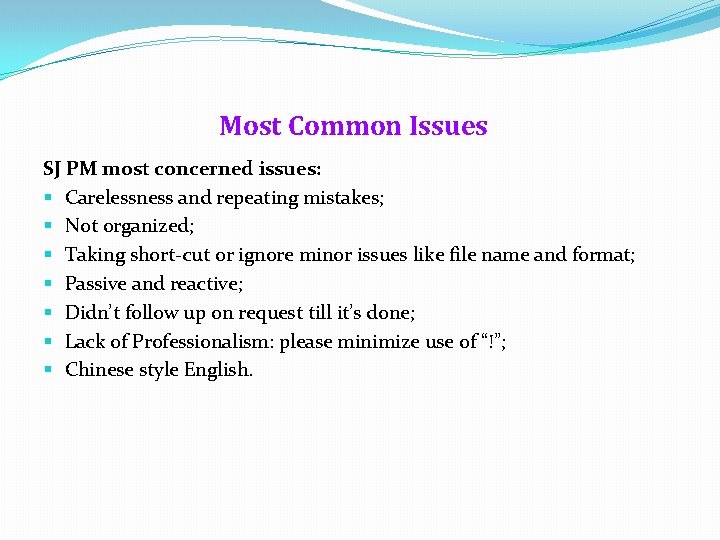 Most Common Issues SJ PM most concerned issues: § Carelessness and repeating mistakes; §
