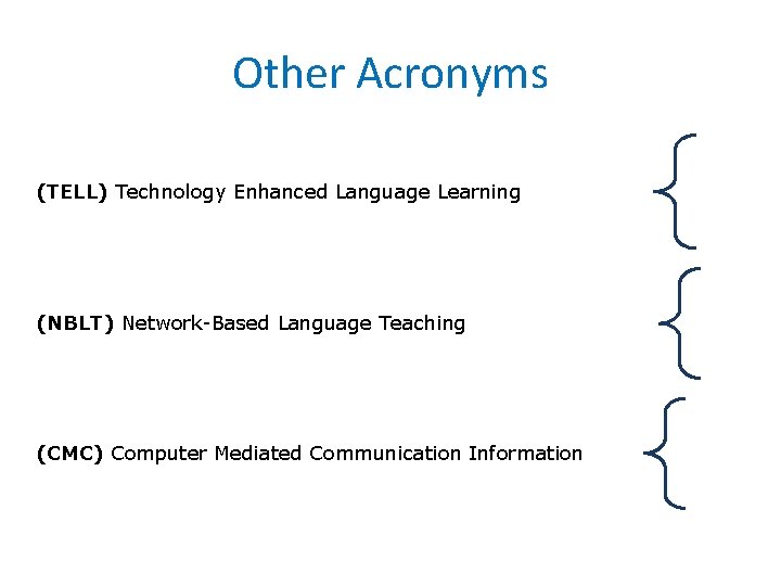 Other Acronyms (TELL) Technology Enhanced Language Learning (NBLT) Network-Based Language Teaching (CMC) Computer Mediated