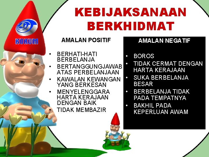 KEBIJAKSANAAN BERKHIDMAT AMALAN POSITIF AMALAN NEGATIF • BERHATI-HATI BERBELANJA • BERTANGGUNGJAWAB ATAS PERBELANJAAN •