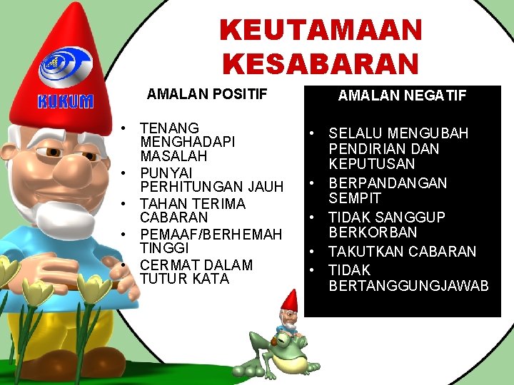 KEUTAMAAN KESABARAN AMALAN POSITIF • TENANG MENGHADAPI MASALAH • PUNYAI PERHITUNGAN JAUH • TAHAN