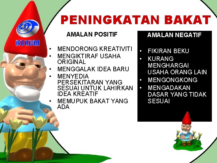 PENINGKATAN BAKAT AMALAN POSITIF AMALAN NEGATIF • MENDORONG KREATIVITI • MENGIKTIRAF USAHA ORIGINAL •