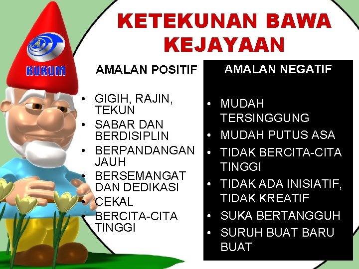 KETEKUNAN BAWA KEJAYAAN AMALAN POSITIF • GIGIH, RAJIN, TEKUN • SABAR DAN BERDISIPLIN •