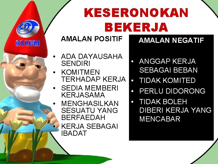 KESERONOKAN BEKERJA AMALAN POSITIF • ADA DAYAUSAHA SENDIRI • KOMITMEN TERHADAP KERJA • SEDIA