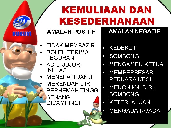 KEMULIAAN DAN KESEDERHANAAN AMALAN NEGATIF AMALAN POSITIF • TIDAK MEMBAZIR • BOLEH TERIMA TEGURAN