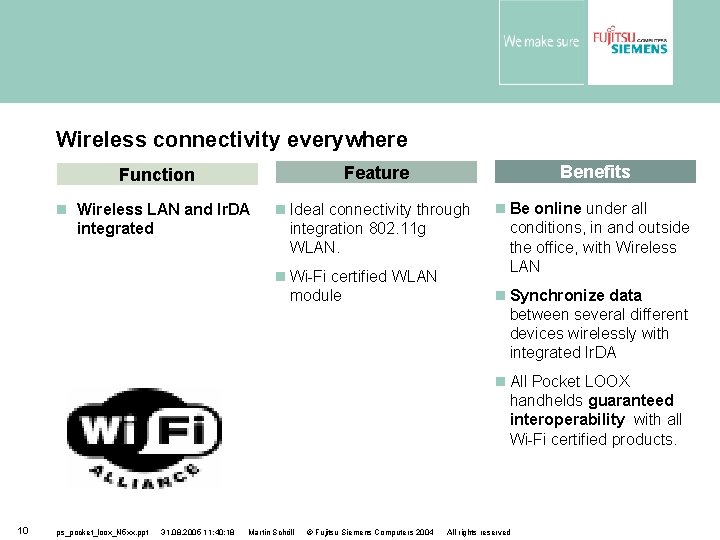 Wireless connectivity everywhere Function Feature Benefits Wireless LAN and Ir. DA integrated Ideal connectivity