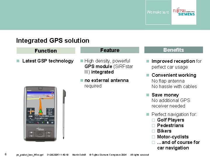 Integrated GPS solution Benefits Feature Function Latest GSP technology High density, powerful GPS module