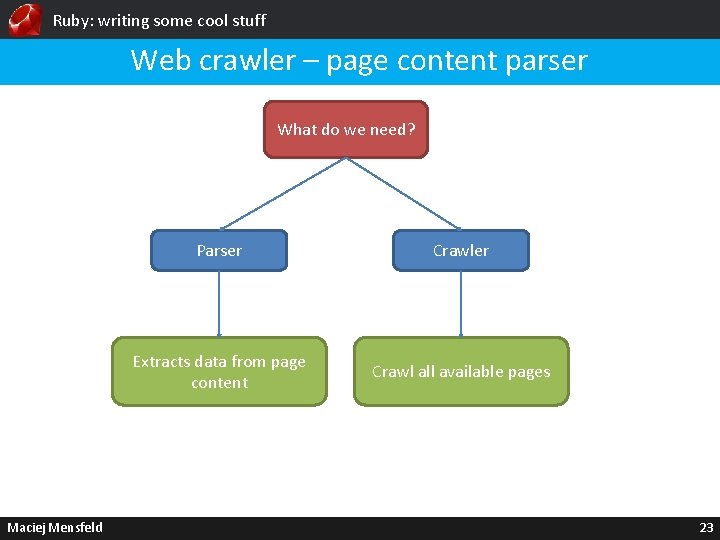 Ruby: writing some cool stuff Web crawler – page content parser What do we