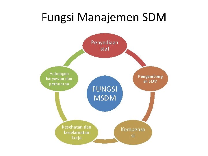 Fungsi Manajemen SDM Penyediaan staf Hubungan karyawan dan perburuan Kesehatan dan keselamatan kerja Pengembang
