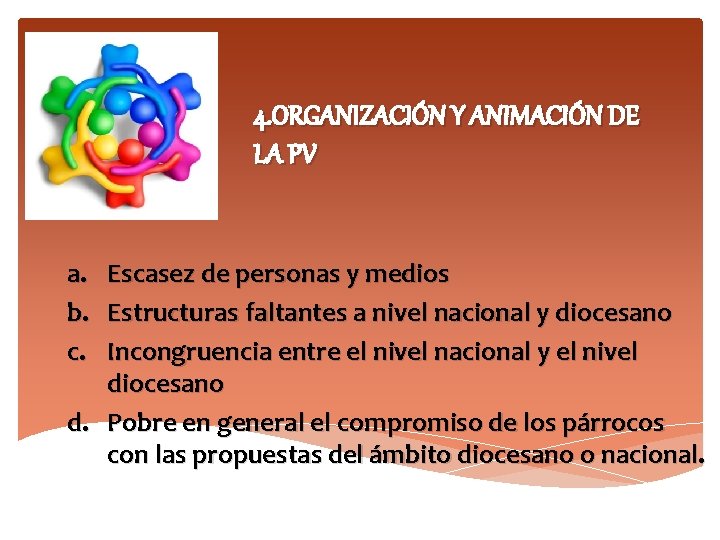 4. ORGANIZACIÓN Y ANIMACIÓN DE LA PV a. b. c. Escasez de personas y