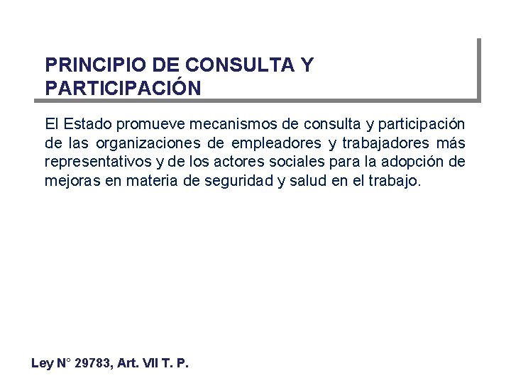 PRINCIPIO DE CONSULTA Y PARTICIPACIÓN El Estado promueve mecanismos de consulta y participación de