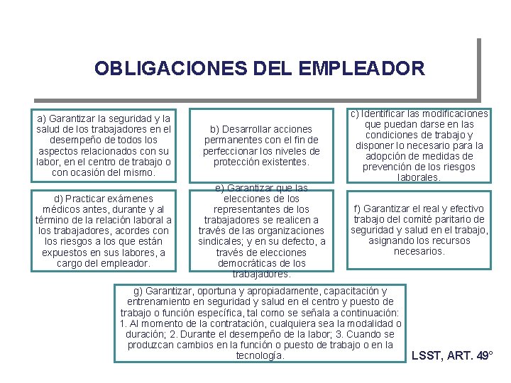 OBLIGACIONES DEL EMPLEADOR a) Garantizar la seguridad y la salud de los trabajadores en