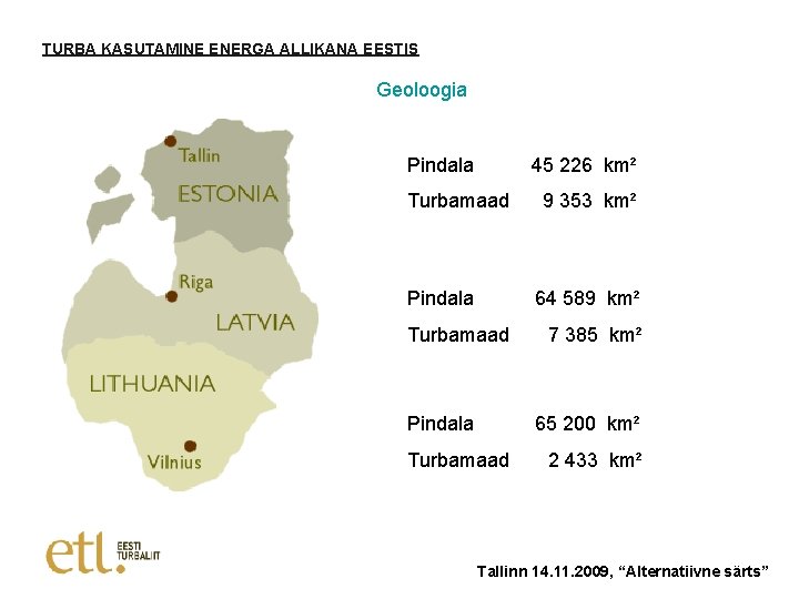 TURBA KASUTAMINE ENERGA ALLIKANA EESTIS Geoloogia Pindala 45 226 km² Turbamaad Pindala 9 353