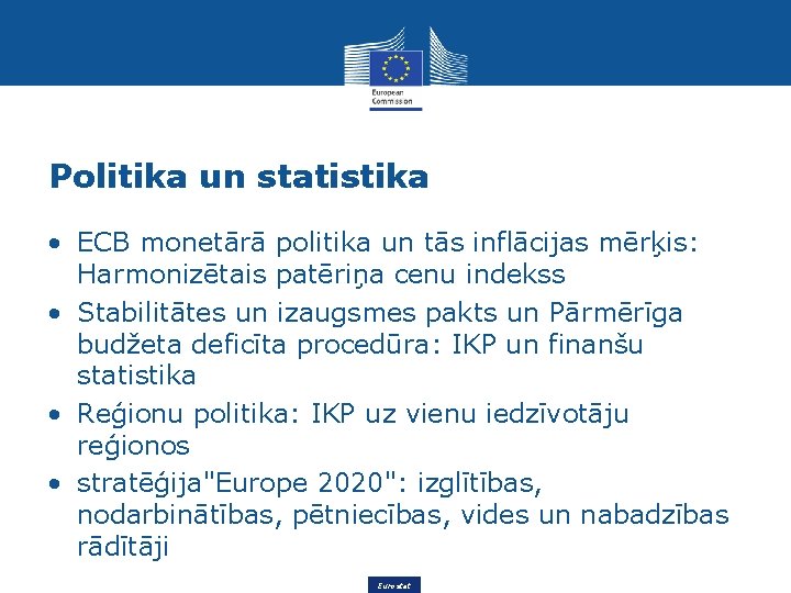 Politika un statistika • ECB monetārā politika un tās inflācijas mērķis: Harmonizētais patēriņa cenu