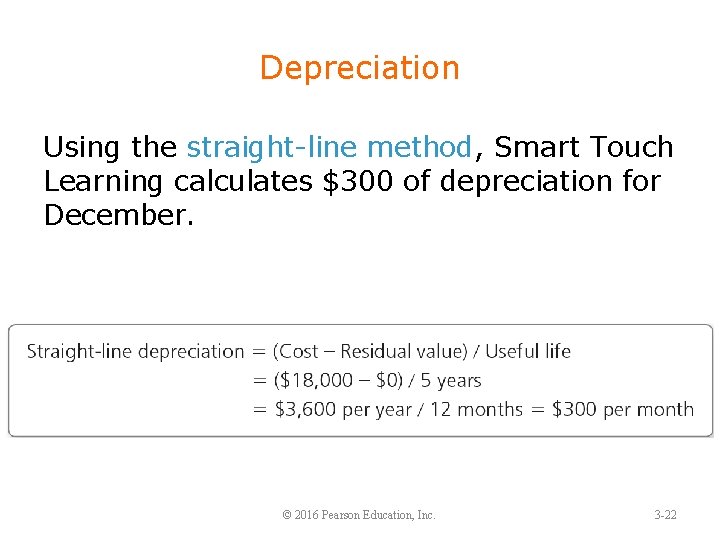 Depreciation Using the straight-line method, Smart Touch Learning calculates $300 of depreciation for December.