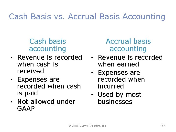 Cash Basis vs. Accrual Basis Accounting Cash basis accounting Accrual basis accounting • Revenue