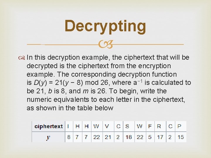 Decrypting In this decryption example, the ciphertext that will be decrypted is the ciphertext