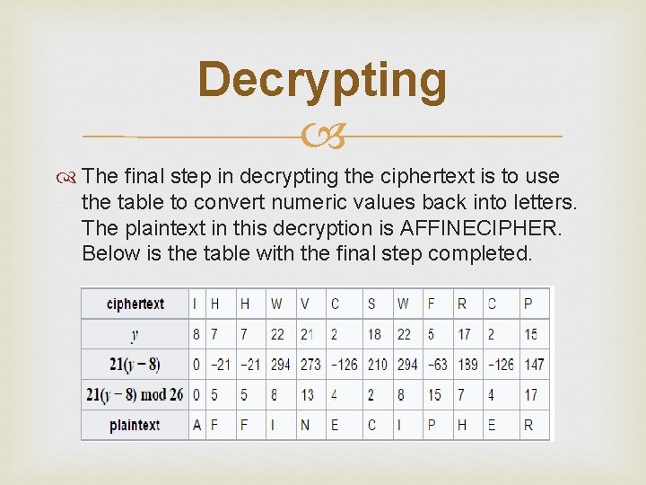 Decrypting The final step in decrypting the ciphertext is to use the table to