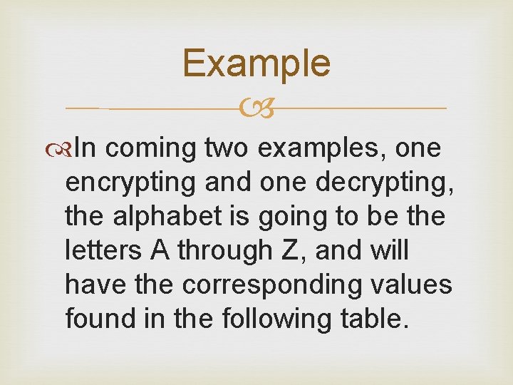 Example In coming two examples, one encrypting and one decrypting, the alphabet is going