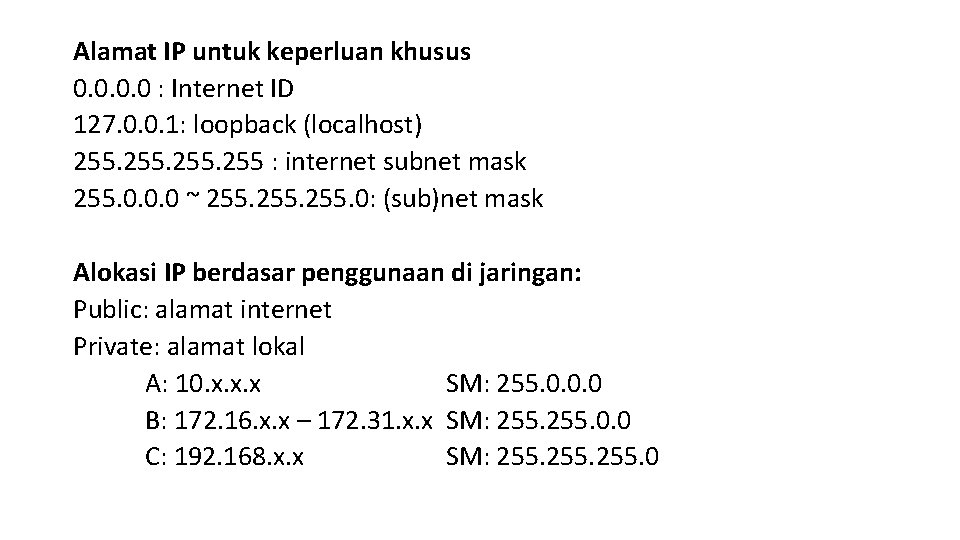 Alamat IP untuk keperluan khusus 0. 0 : Internet ID 127. 0. 0. 1: