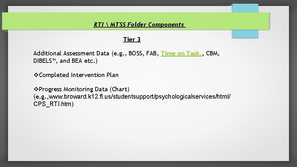 RTI  MTSS Folder Components Tier 3 Additional Assessment Data (e. g. , BOSS,