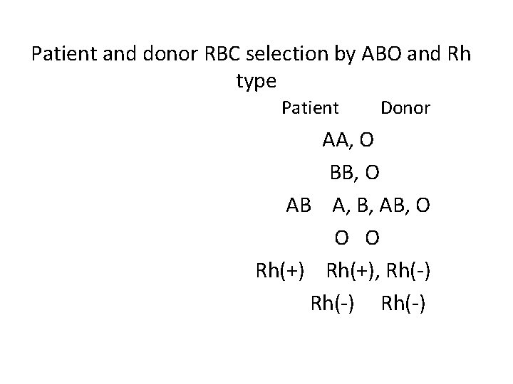 Patient and donor RBC selection by ABO and Rh type Patient Donor AA, O