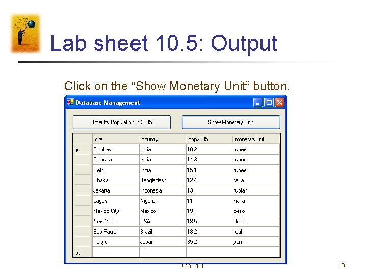 Lab sheet 10. 5: Output Click on the “Show Monetary Unit” button. Ch. 10 Lab sheet 10. 5: Output Click on the “Show Monetary Unit” button. Ch. 10