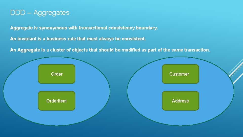 DDD – Aggregates Aggregate is synonymous with transactional consistency boundary. An invariant is a
