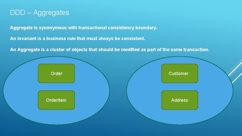 DDD – Aggregates Aggregate is synonymous with transactional consistency boundary. An invariant is a DDD – Aggregates Aggregate is synonymous with transactional consistency boundary. An invariant is a