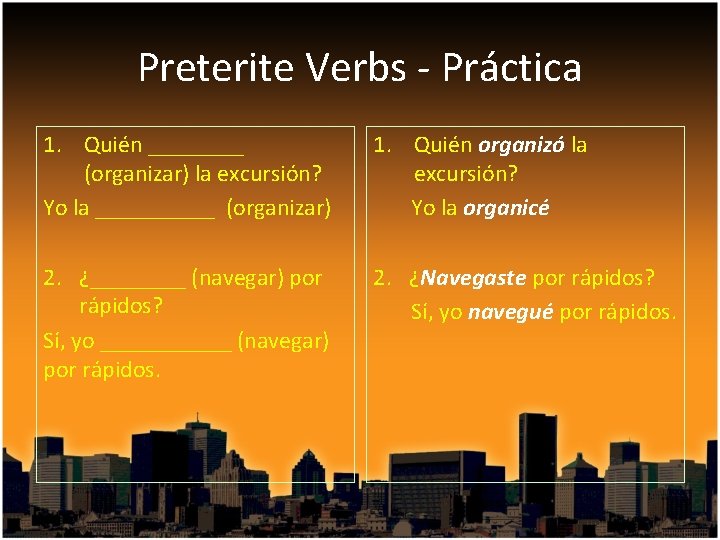 Preterite Verbs - Práctica 1. Quién ____ (organizar) la excursión? Yo la _____ (organizar)