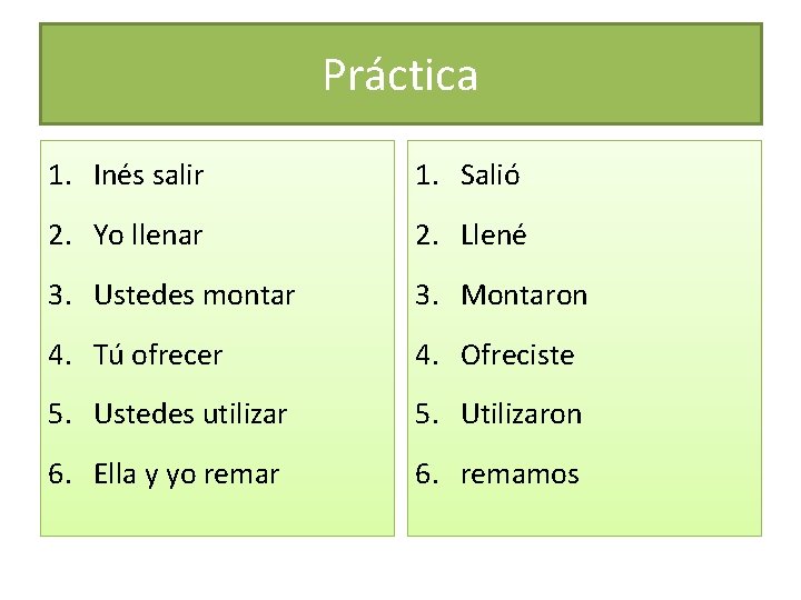 Práctica 1. Inés salir 1. Salió 2. Yo llenar 2. Llené 3. Ustedes montar