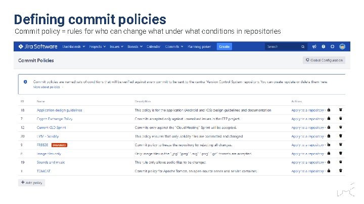 Defining commit policies Commit policy = rules for who can change what under what