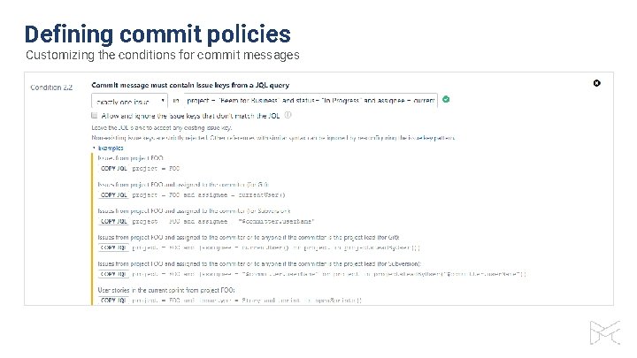 Defining commit policies Customizing the conditions for commit messages 