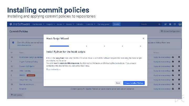 Installing commit policies Installing and applying commit policies to repositories 