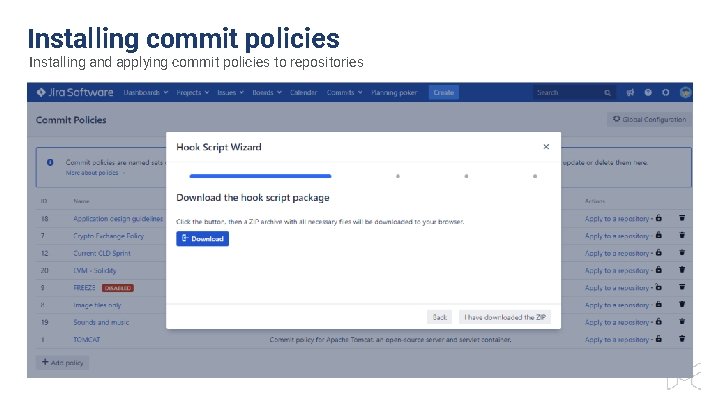 Installing commit policies Installing and applying commit policies to repositories 