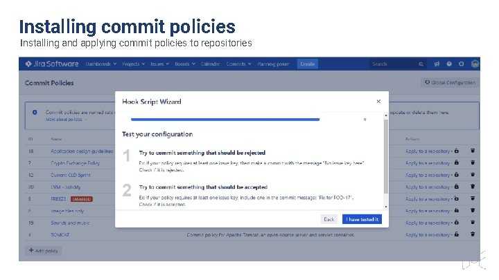 Installing commit policies Installing and applying commit policies to repositories 