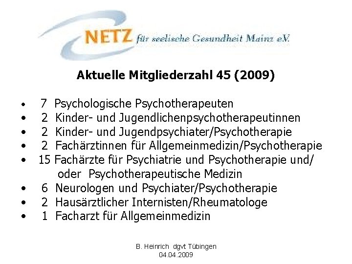 Aktuelle Mitgliederzahl 45 (2009) • • 7 Psychologische Psychotherapeuten 2 Kinder- und Jugendlichenpsychotherapeutinnen 2