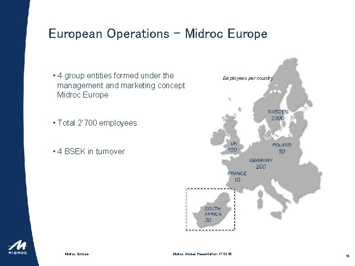 European Operations - Midroc Europe • 4 group entities formed under the management and