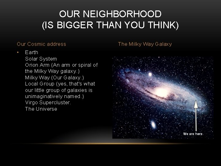 OUR NEIGHBORHOOD (IS BIGGER THAN YOU THINK) Our Cosmic address • Earth Solar System